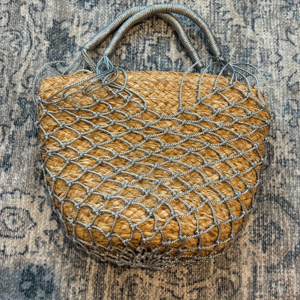 Jcrew Straw and Silver crochet summer handbag NWOT